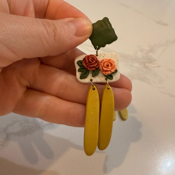 Floral Dangle Earrings with Green and Yellow Accents; Mustard Flower Earrings - Picture 6 of 6